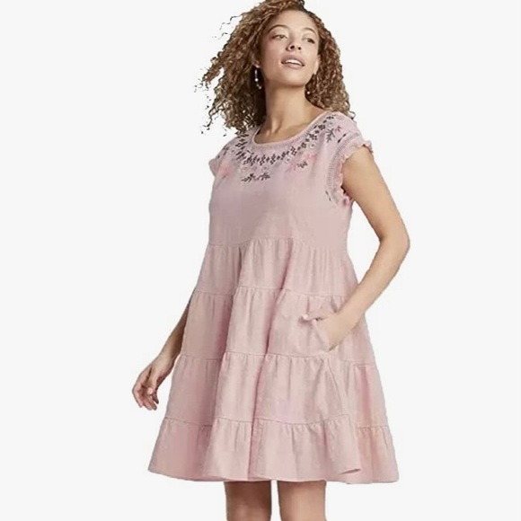 Knox Rose Embroidered Pink Babydoll A-Line Dress Small Tiered Floral Bohemian - Picture 1 of 8